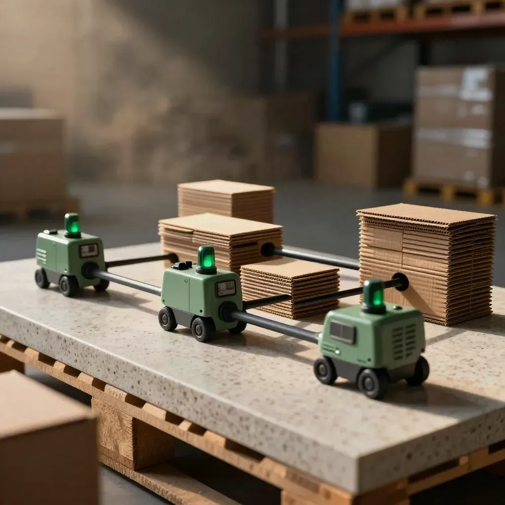Extreme Makro von drei verknüpften Versandinseln mit Kartons, Kabeln und grünen Statuslichtern.
