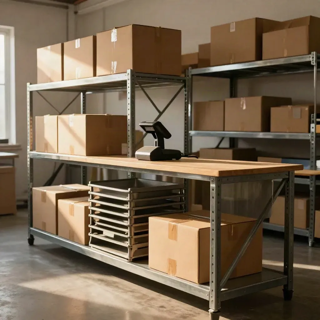 Ein vorbereiteter Shop-Arbeitsbereich mit Kartons, Regalen und Versandbahn im warmen Licht.