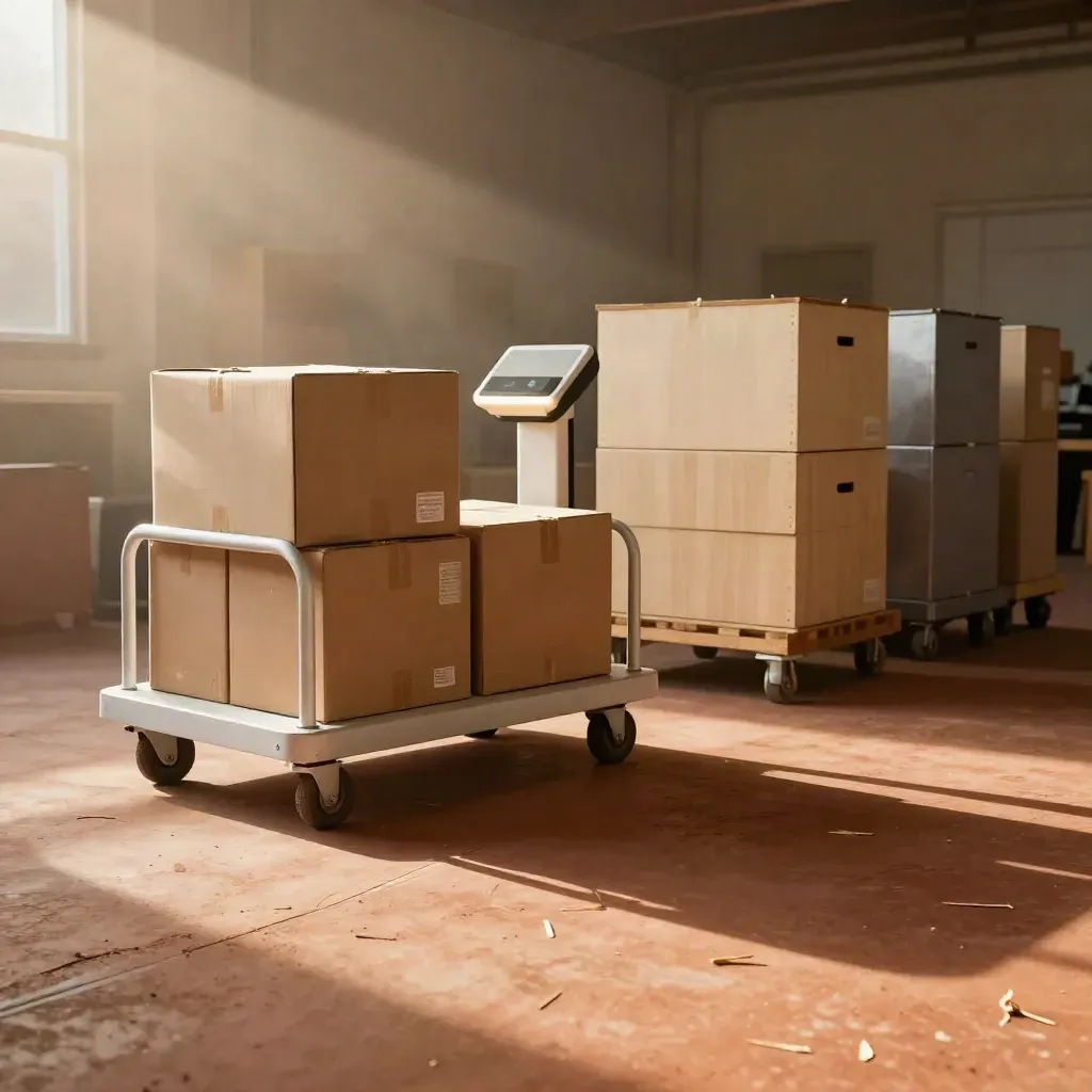Versandwagen, Sortierboxen und Lagerkisten im warmen Licht eines Lagers