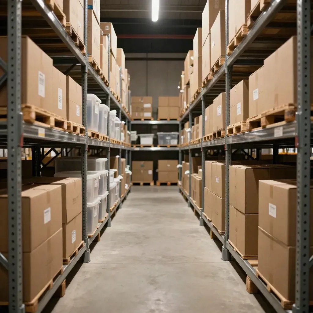 Symmetrische Lagerregale mit exakt ausgerichteten Kartons in ruhigem Fulfillment-Bay.