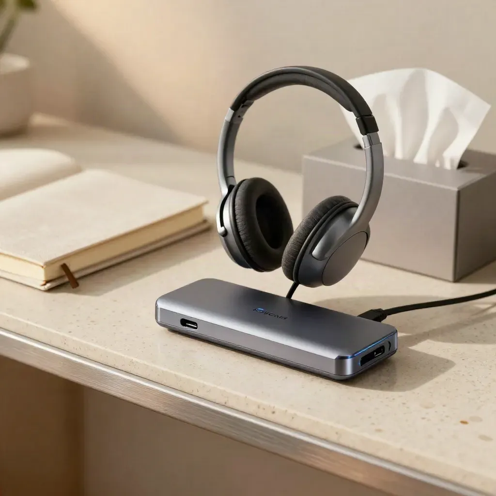 Onboarding-Set mit Headset-Dock, Notizbuch, USB-C-Hub und Welcome-Box auf Travertin