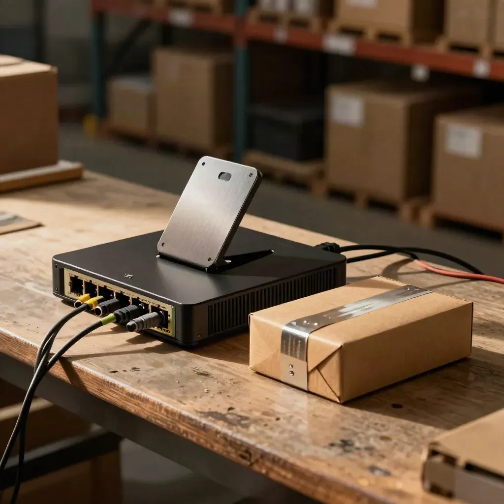 Netzwerk-Hub, Scanner-Dock und Kabelenden auf einer Packstation im dramatischen Licht