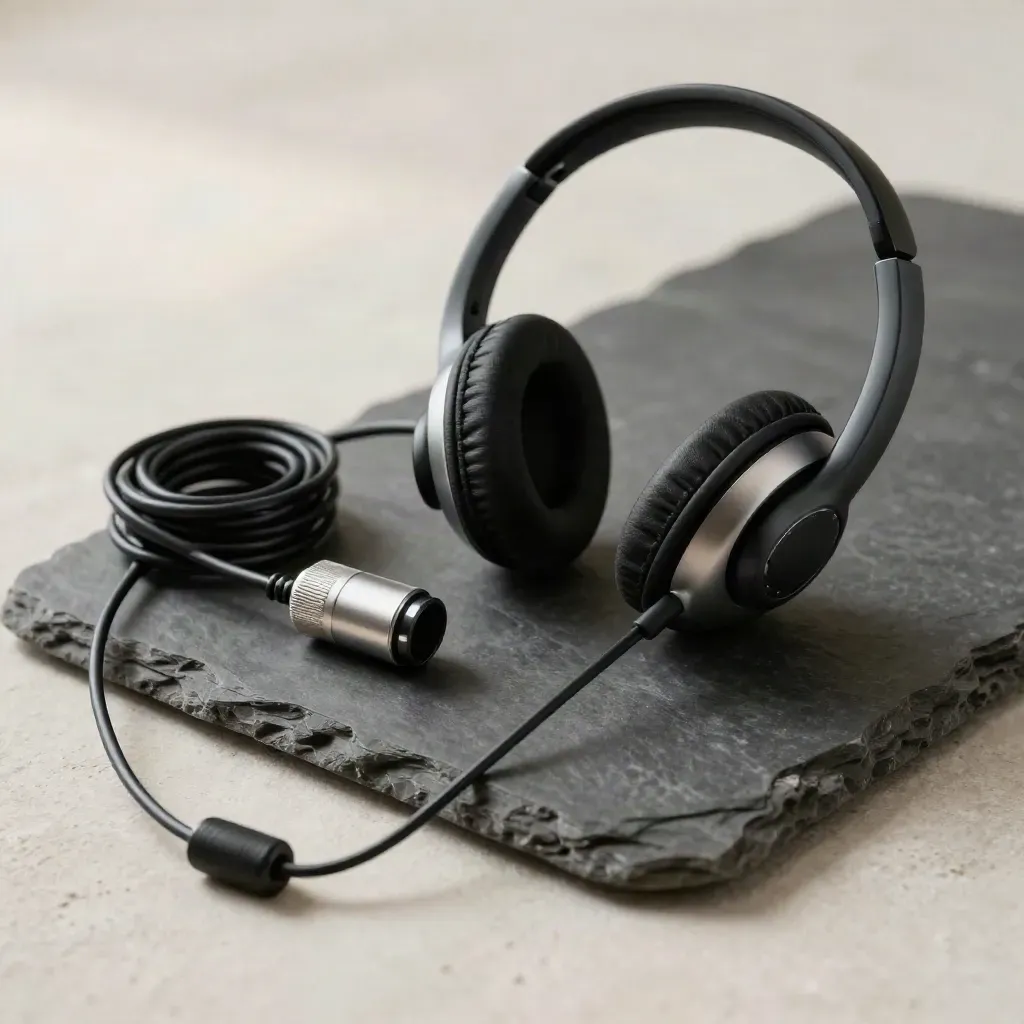 Headset, Adapter, Kabelrolle und Statuslicht auf dunklem Stein, minimal und ruhig.
