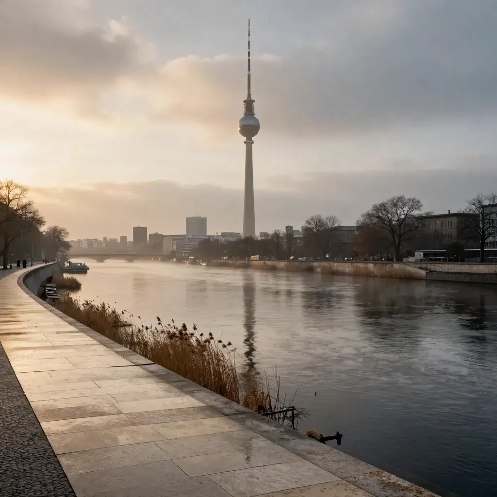 Fernsehturm über der stillen Spree im nassen Abendlicht